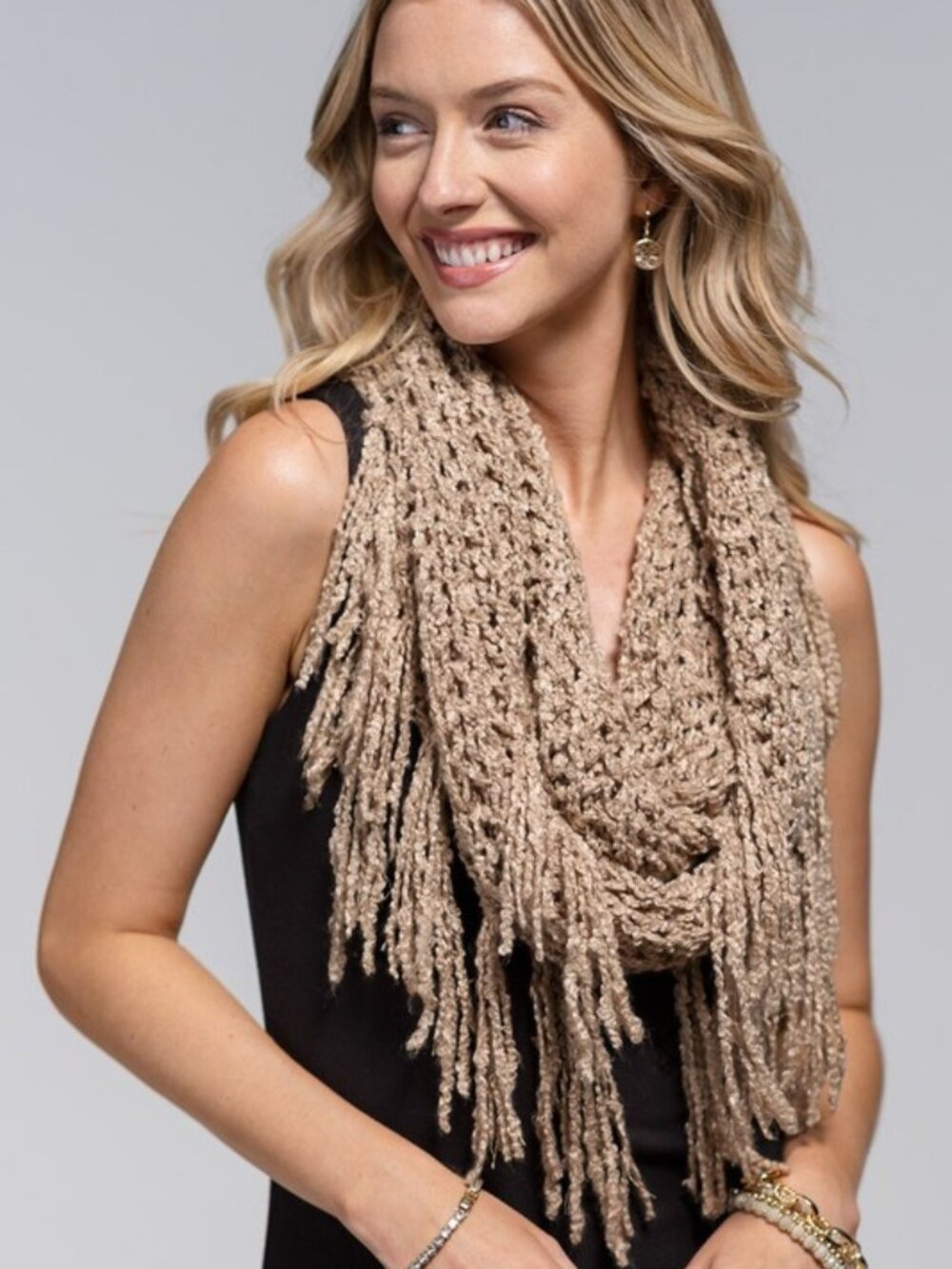 Soft Net Boucle Infinity Scarf with Yarn Fringe